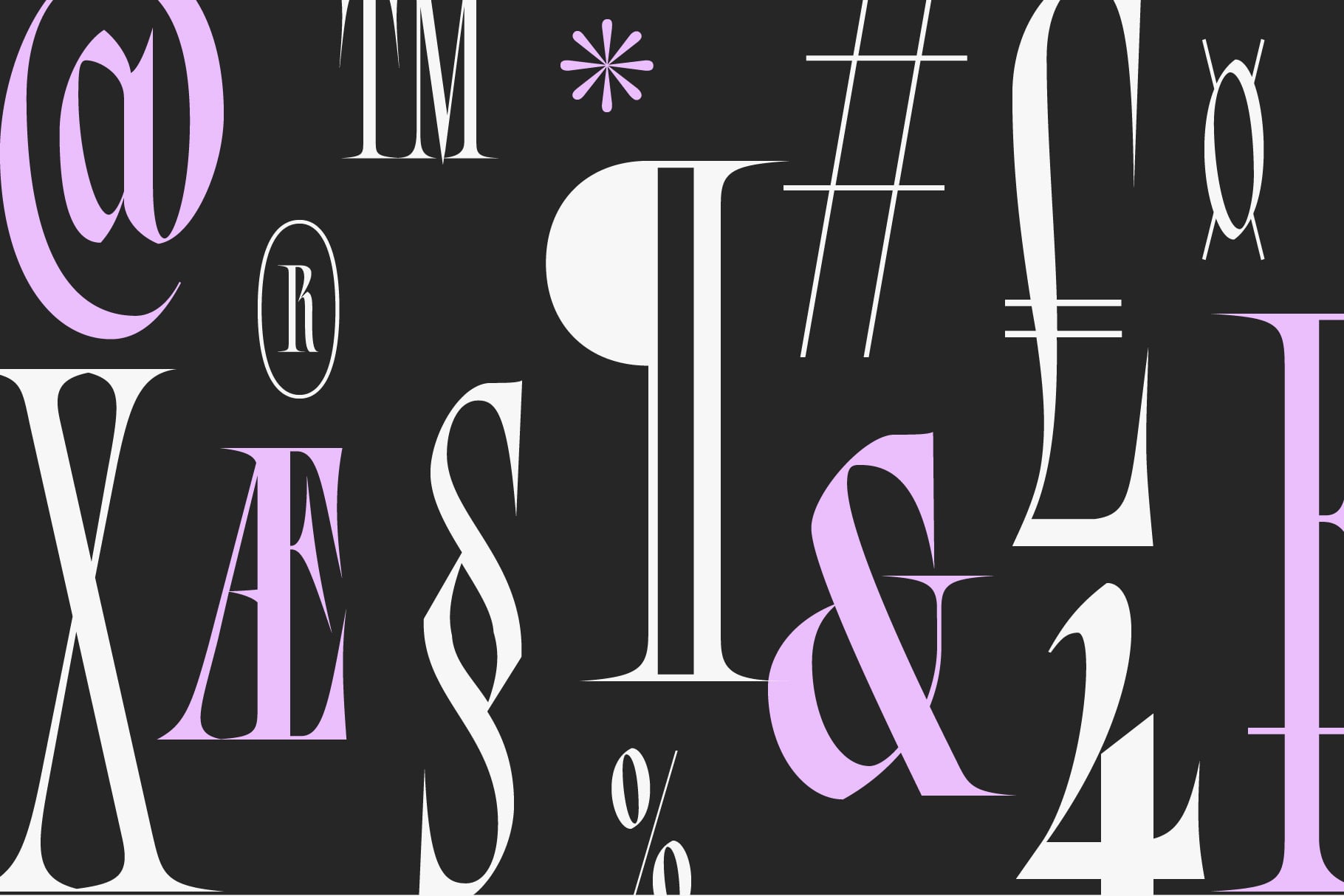 Bersa serif font alphabet in black with pink accents on dark background