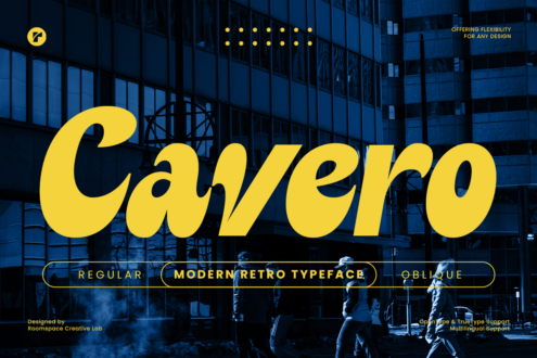 Cavero retro typeface in yellow on blue glass building street scene with people walking