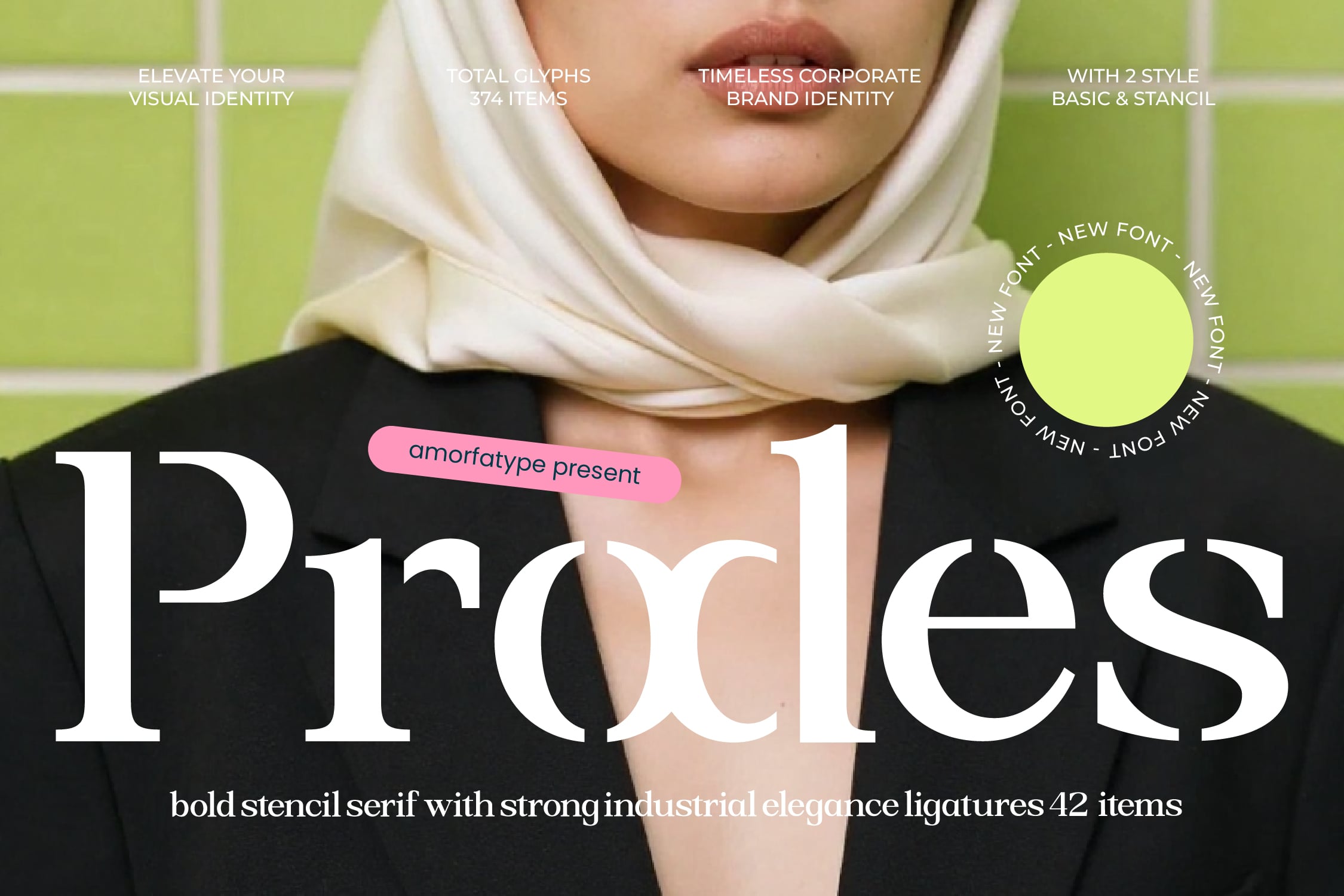 Woman in hijab modeling bold serif typeface, lime circle, font specs overlay