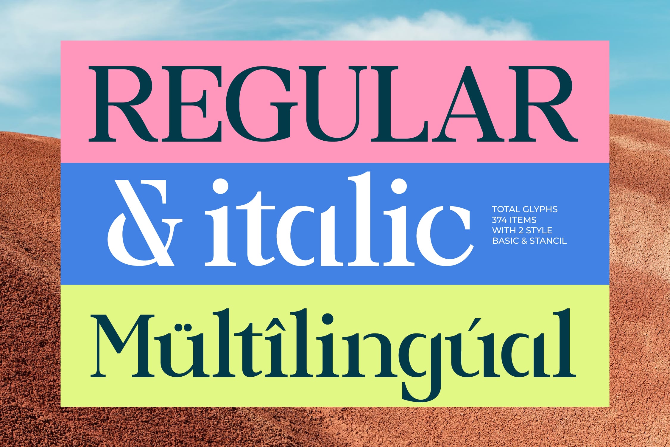 Colorful serif font display with pink, blue, lime sections on desert background