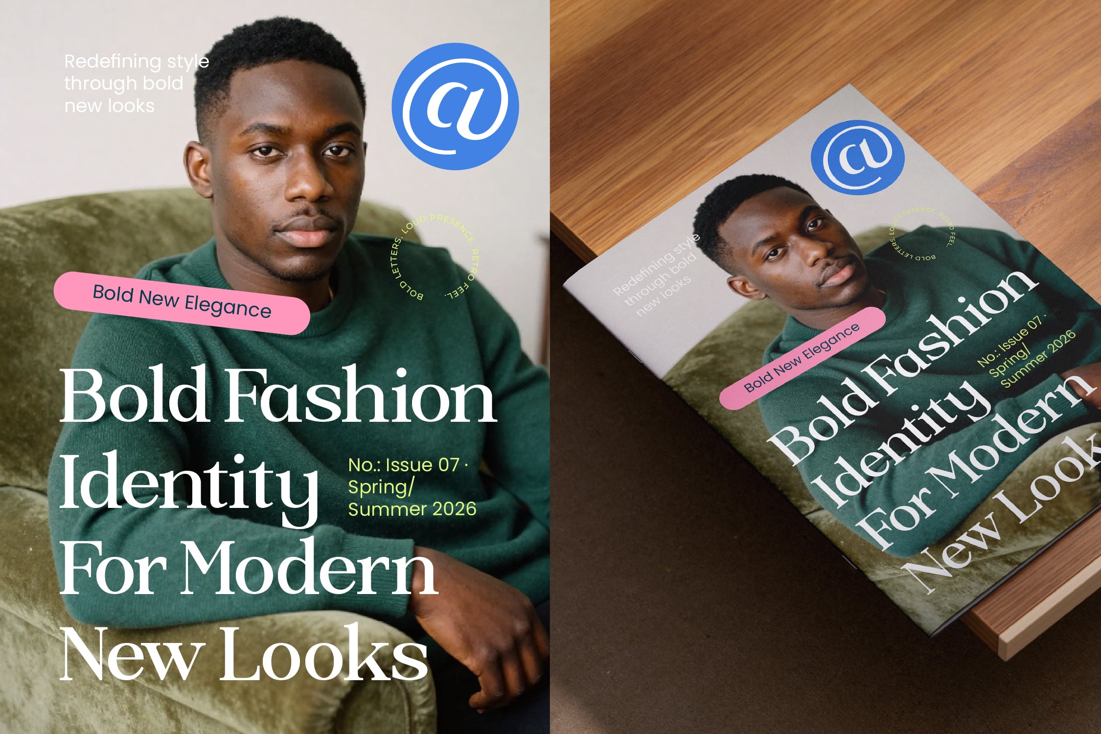 Magazine spread mockup with portrait, email icon, pink accent bar, Spring 2026 issue