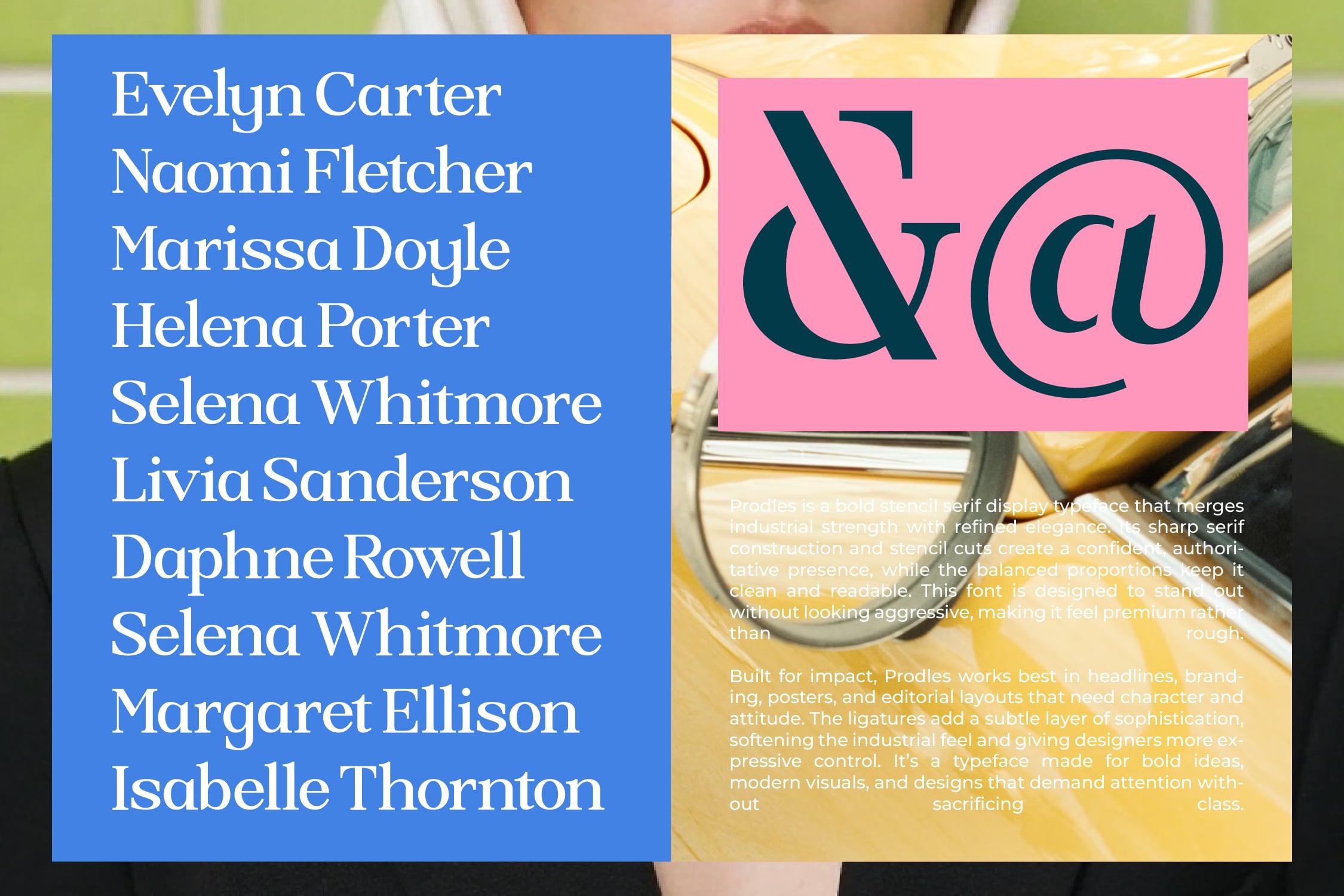 Split layout with blue panel of names, pink panel with ampersand logo, fashion typography