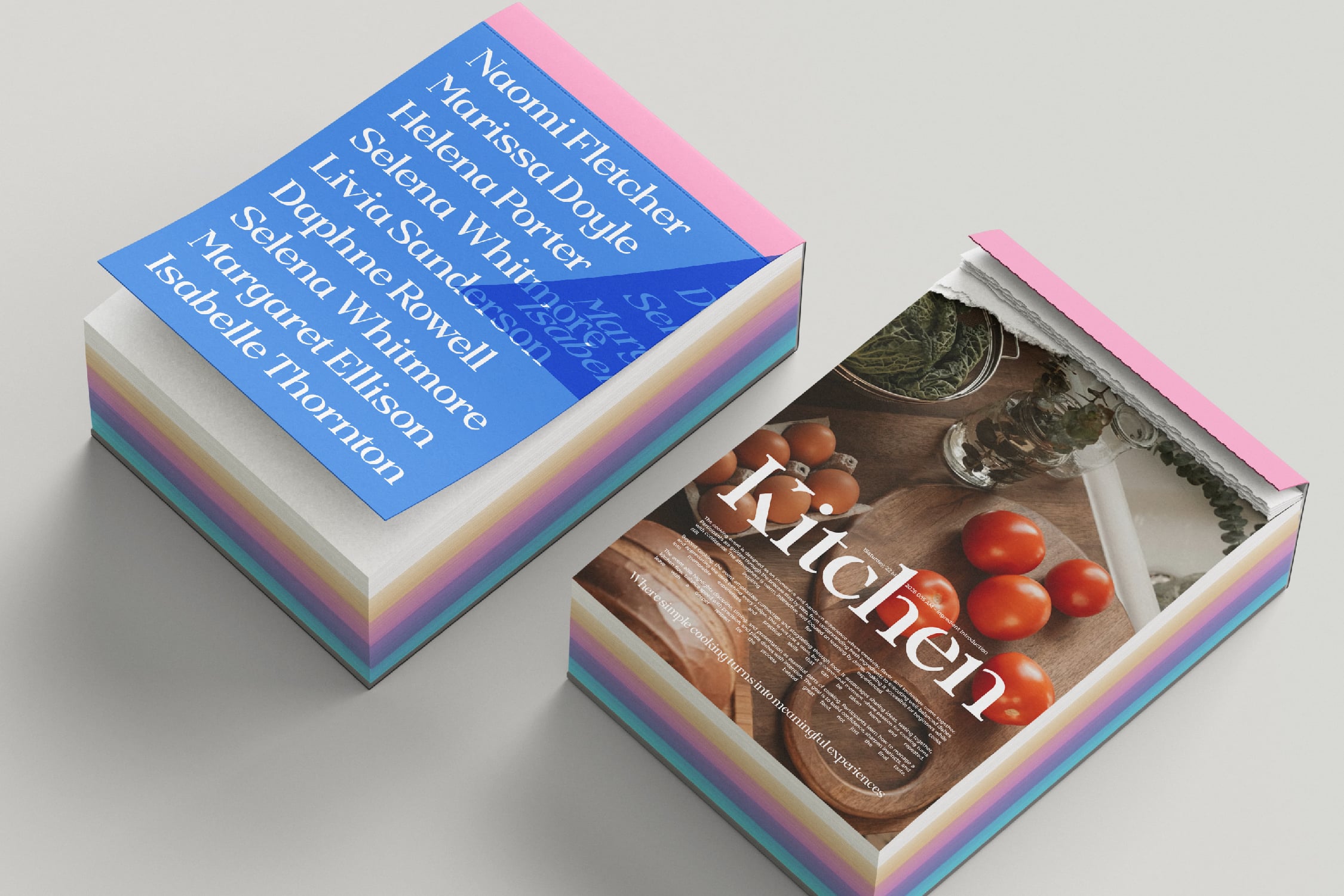 Stacked book mockups with rainbow gradient spine showing blue cover with author names kitchen magazine
