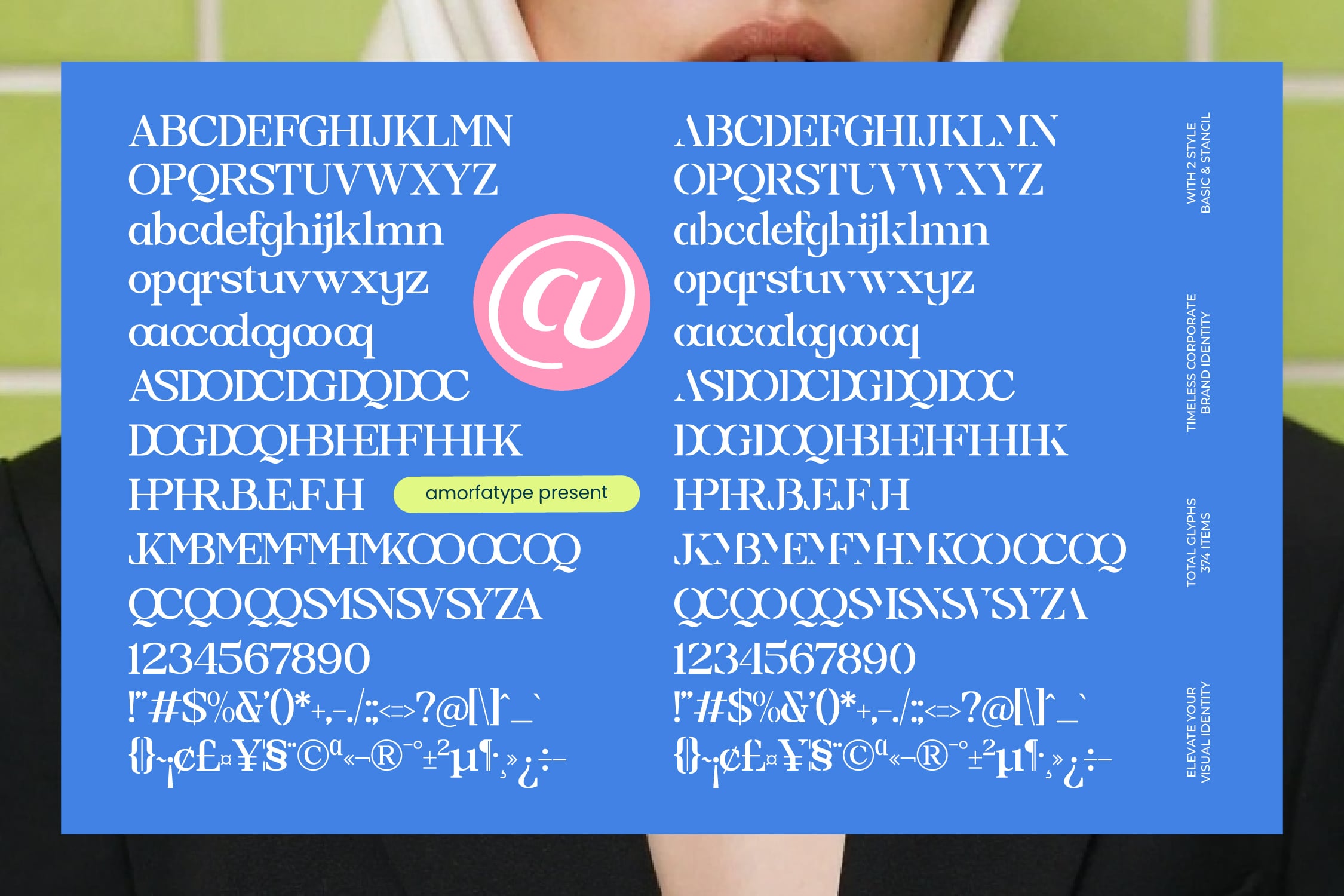 Blue font sample sheet displaying full character set ligatures glyphs pink at symbol badge