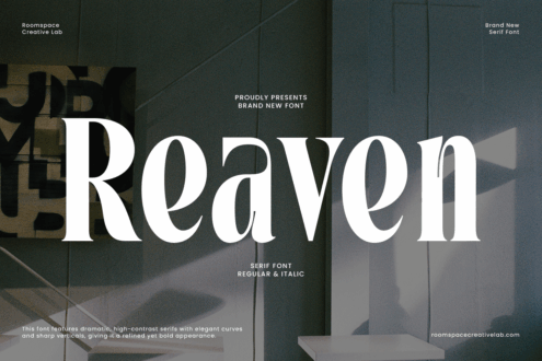 Reaven serif font displayed in large white letters over modern architectural background