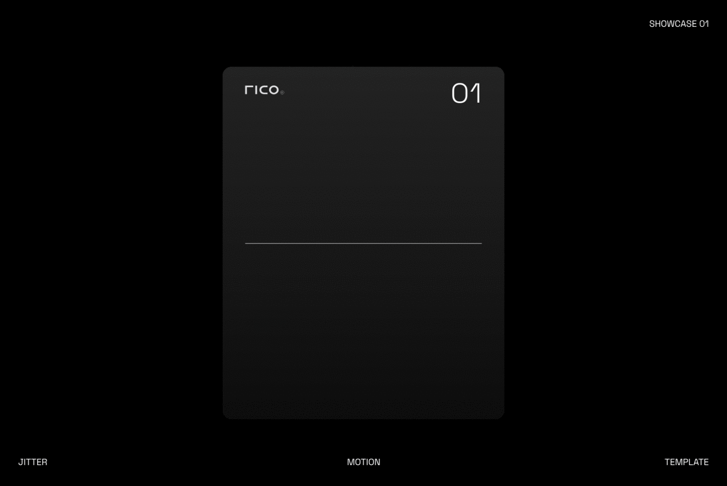 Dark card mockup with Rico branding, minimal layout on black background