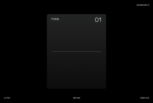 Dark card mockup with Rico branding, minimal layout on black background