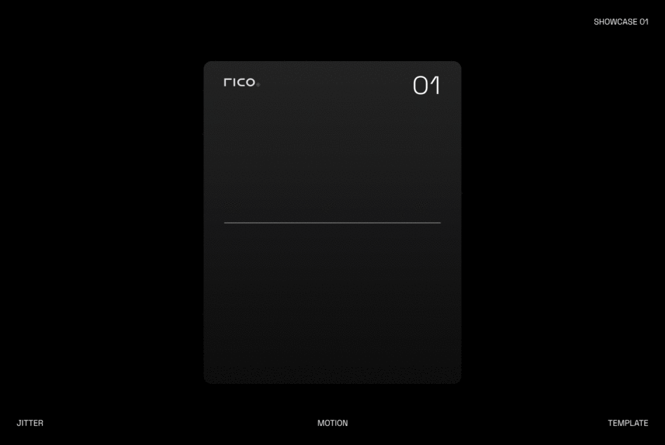 Dark card mockup with Rico branding, minimal layout on black background