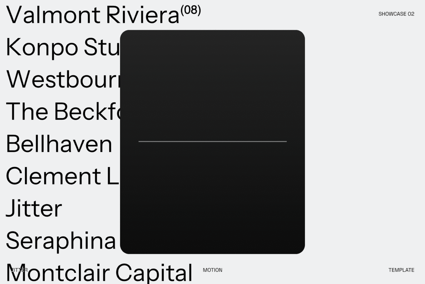 Font showcase displaying Valmont Riviera, Konpo Studio, Westbourne, Beckford, Bellhaven, Clement, Jitter, Seraphina, Montclair Capital typefaces