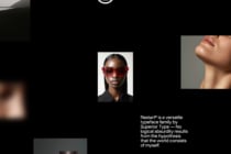 Woman wearing oversized red sunglasses with black outfit on white background