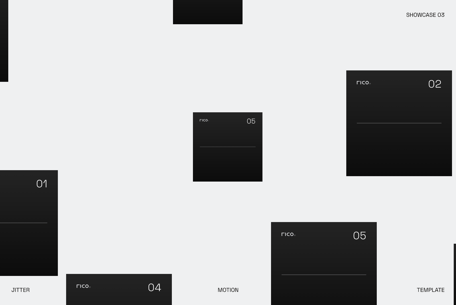Minimalist layout showing Rico branding mockups numbered 01 to 05 with black cards on light background
