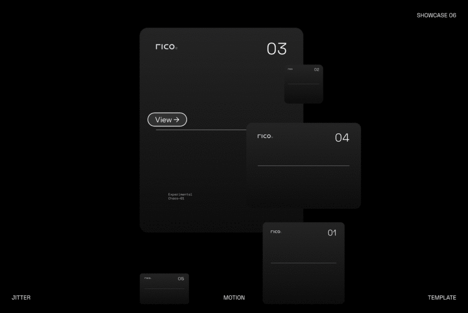 Dark UI mockup showing Rico product screens with numbered layouts on black background