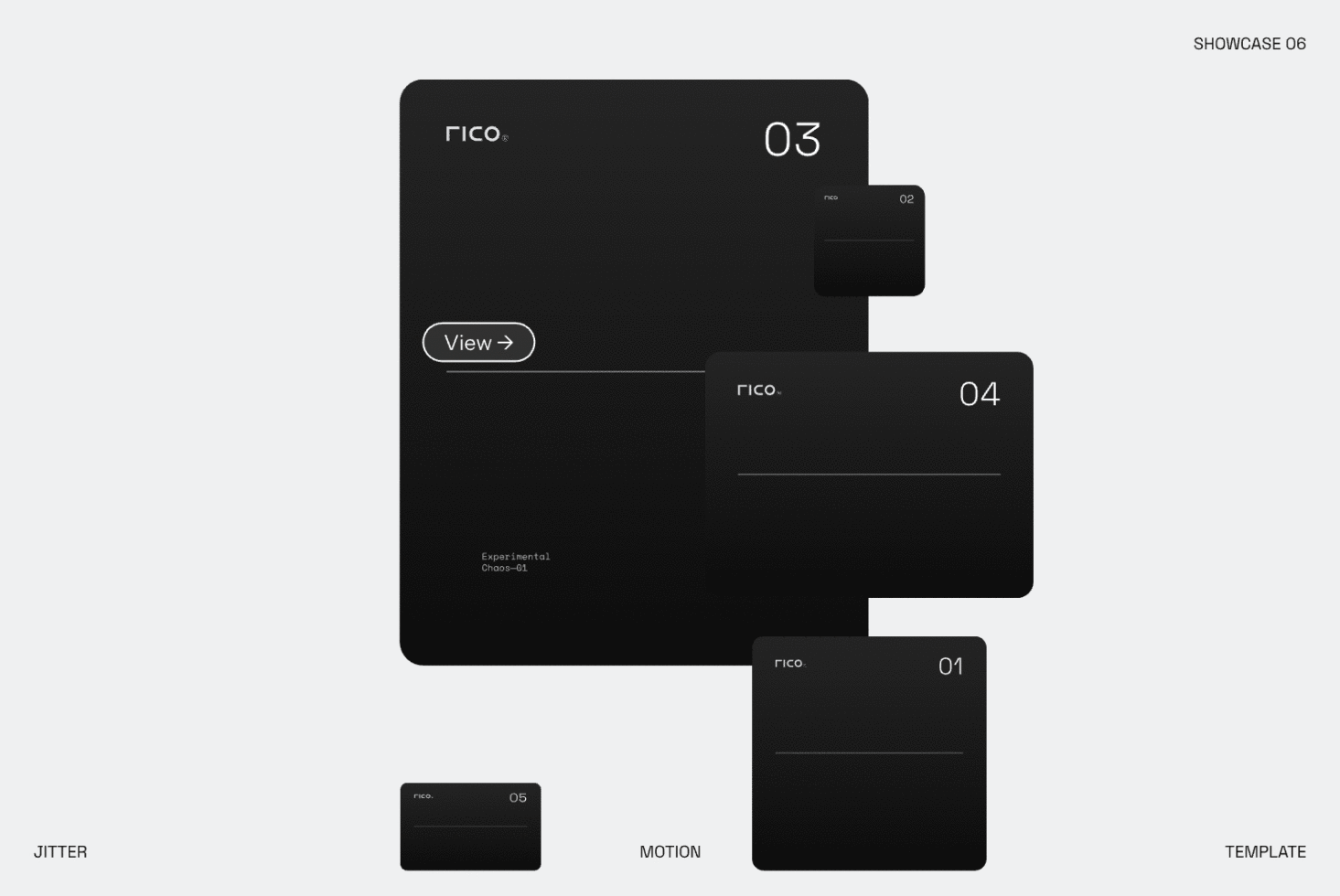 Overlapping dark UI screens showcasing Rico app interface with numbered sections, view button, minimal typography layout