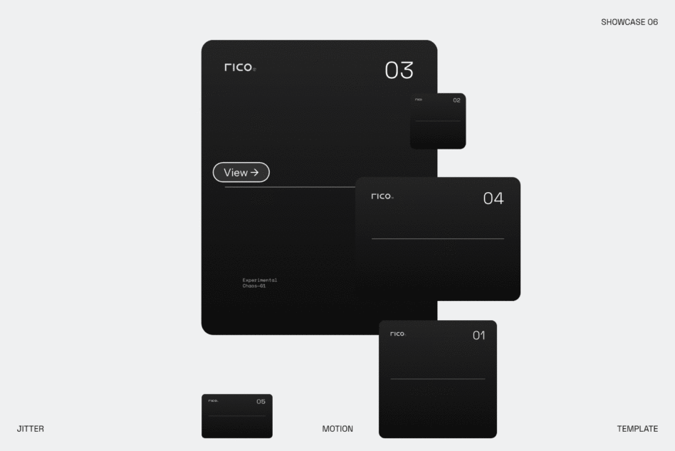 Overlapping dark UI screens showcasing Rico app interface with numbered sections, view button, minimal typography layout