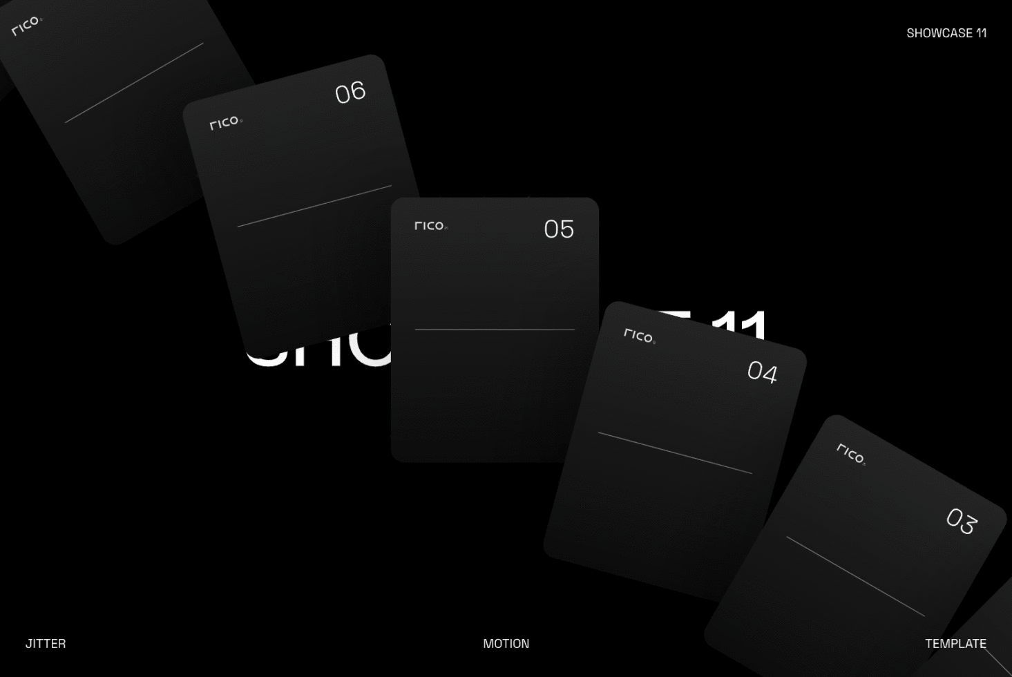 Rico showcase mockup with stacked black cards numbered 03 to 06 on dark background