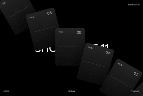 Rico showcase mockup with stacked black cards numbered 03 to 06 on dark background