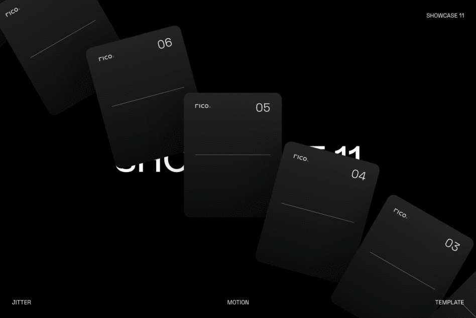 Rico showcase mockup with stacked black cards numbered 03 to 06 on dark background