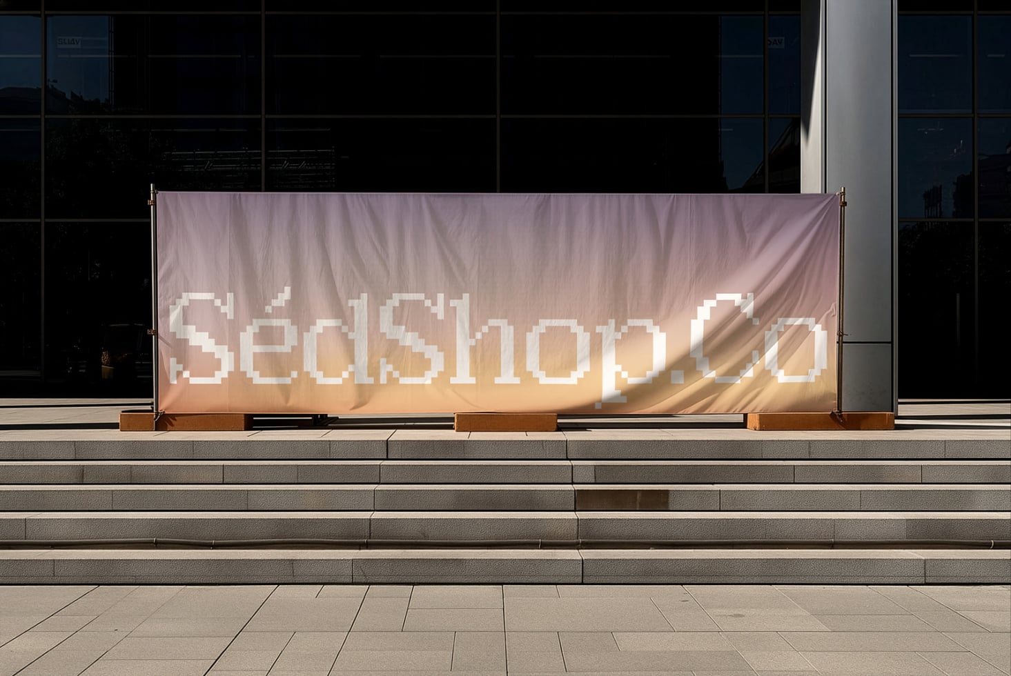 Exterior banner display showing gradient background with pixel lettering
