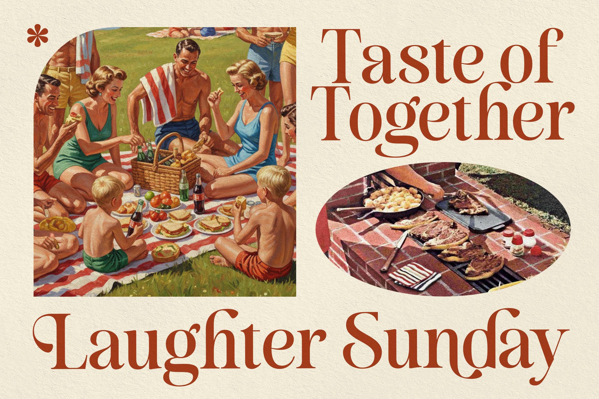 Retro picnic scene with vintage family gathering and BBQ grill setup illustration