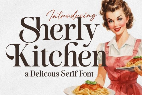 Sherly Kitchen serif font intro with retro woman holding fresh pasta in apron