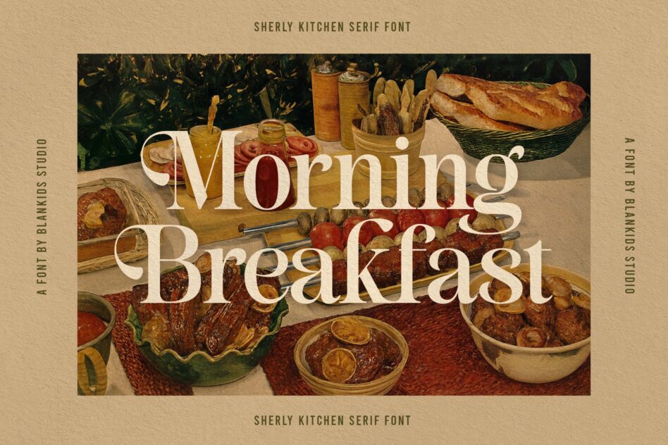 Sherly Kitchen serif font displayed over vintage food styling with bread, jars, tomatoes