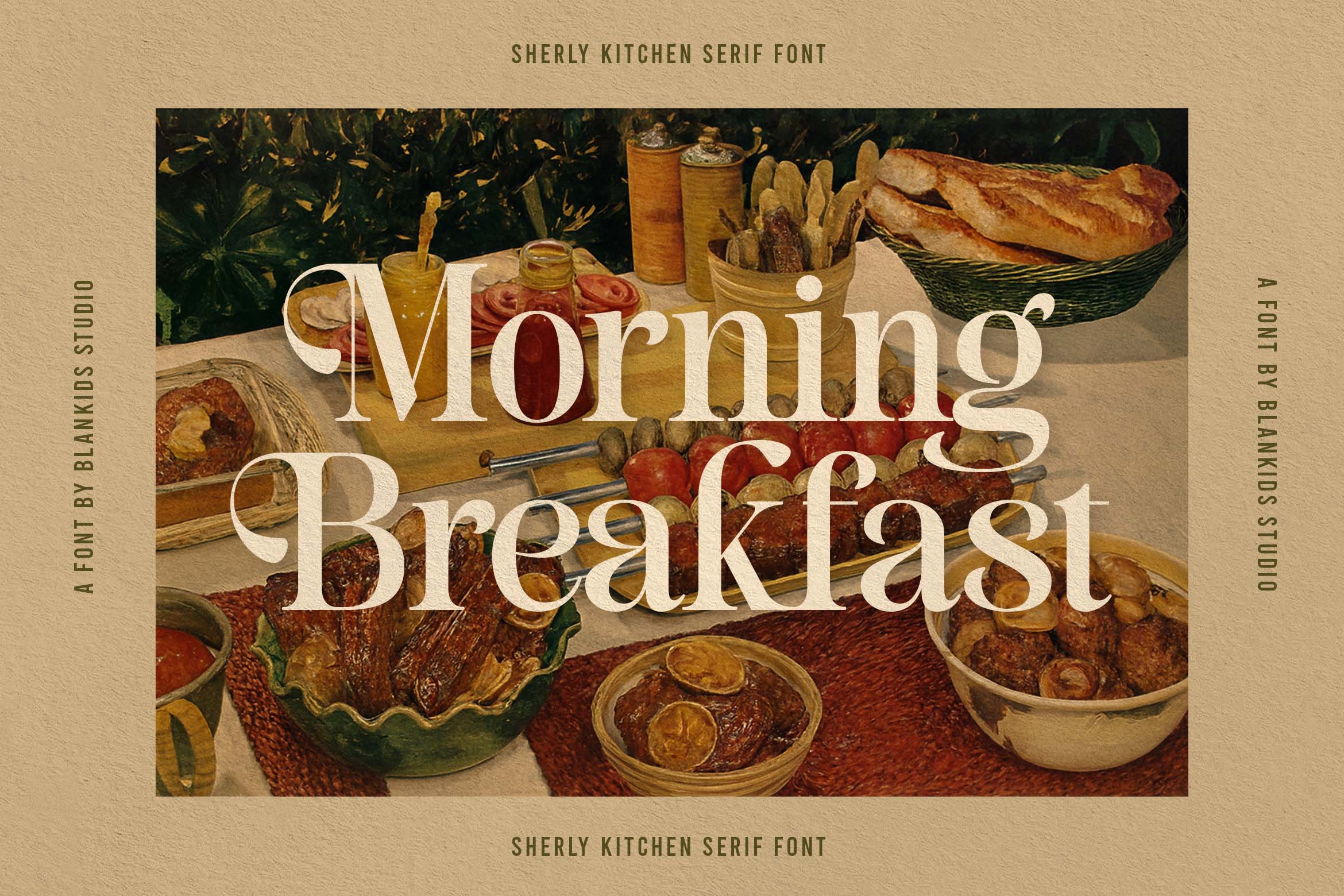 Sherly Kitchen serif font displayed over vintage food styling with bread, jars, tomatoes