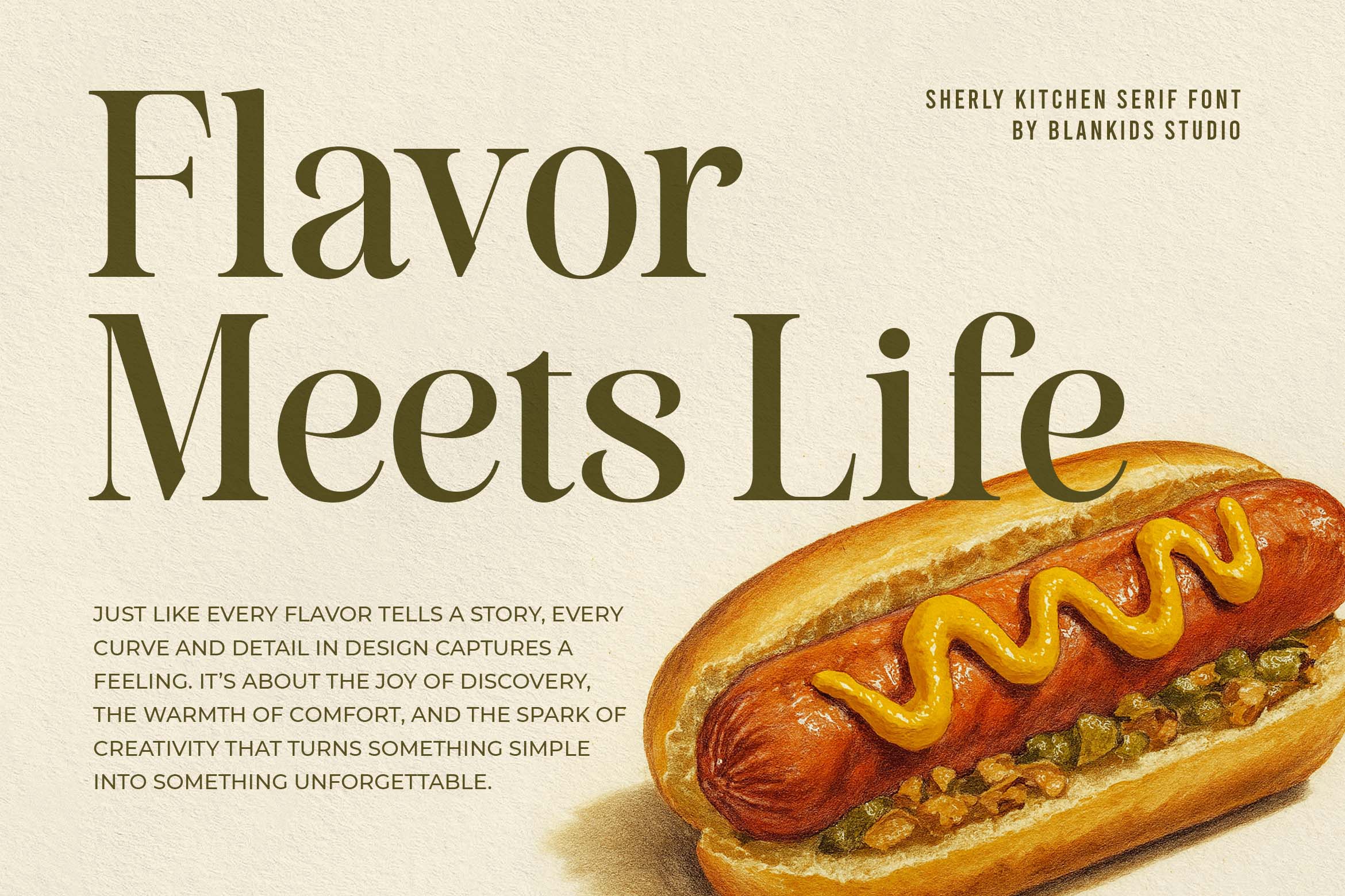Sherly Kitchen serif font flavor meets life text with hot dog illustration