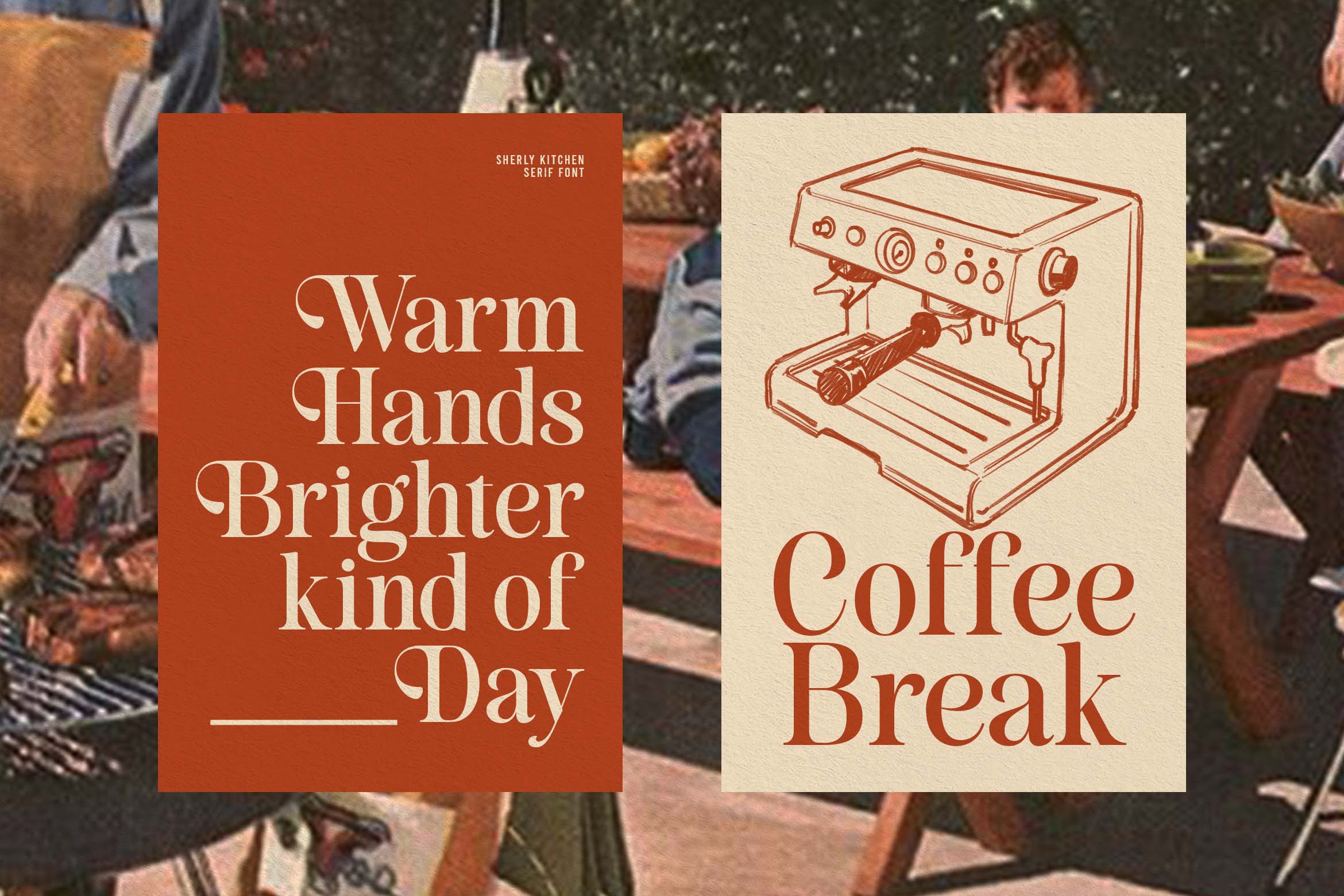 Sherly Kitchen font showing warm hands brighter kind of day coffee break phrase