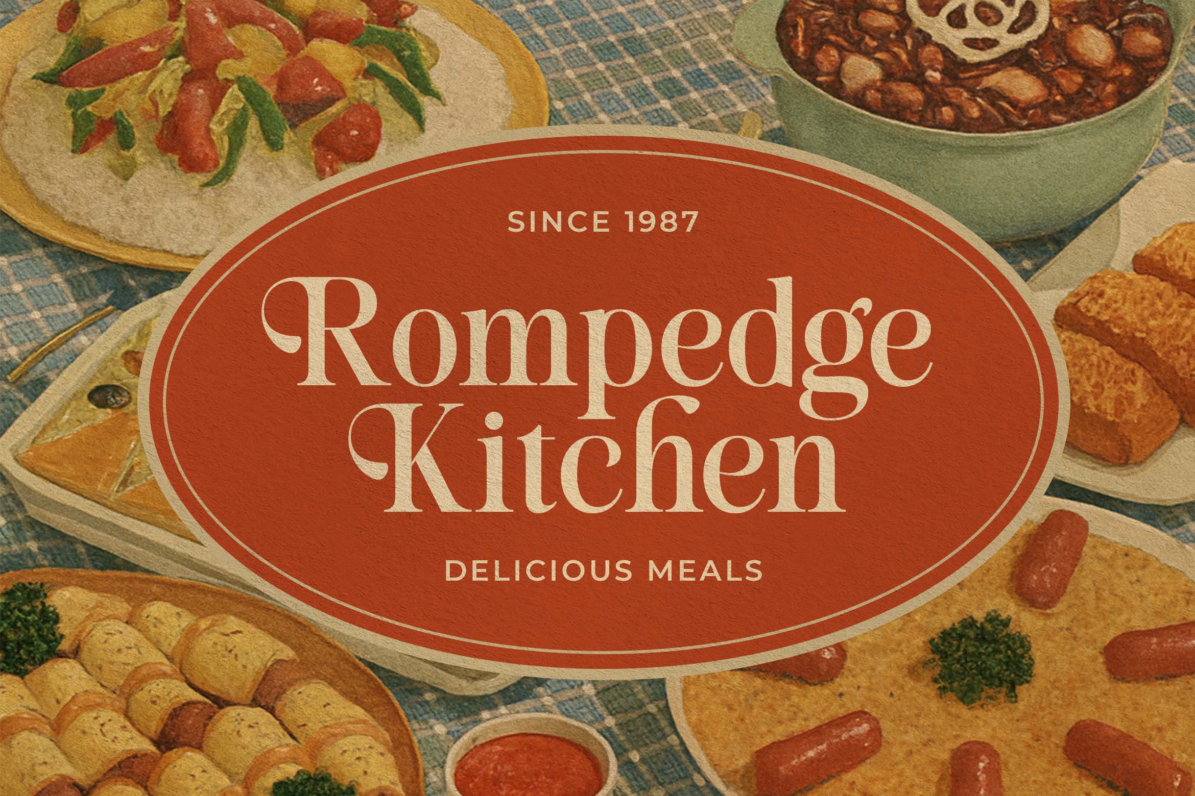 Rompedge Kitchen oval badge surrounded by vintage food illustrations recipe elements