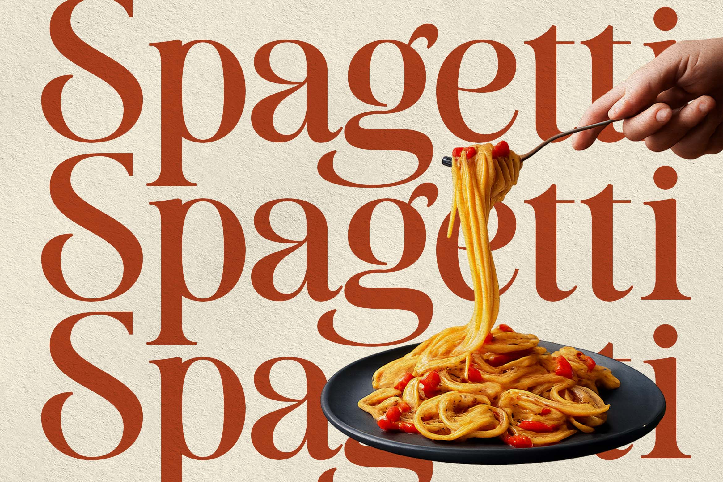 Spaghetti Spaghetti Spaghetti text with fork twirling noodles on black plate