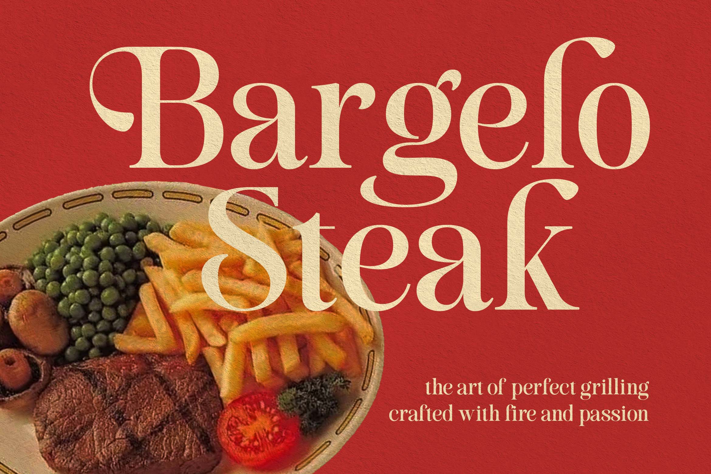Bargello Steak red cover showing grilled meat fries veggies on vintage plate