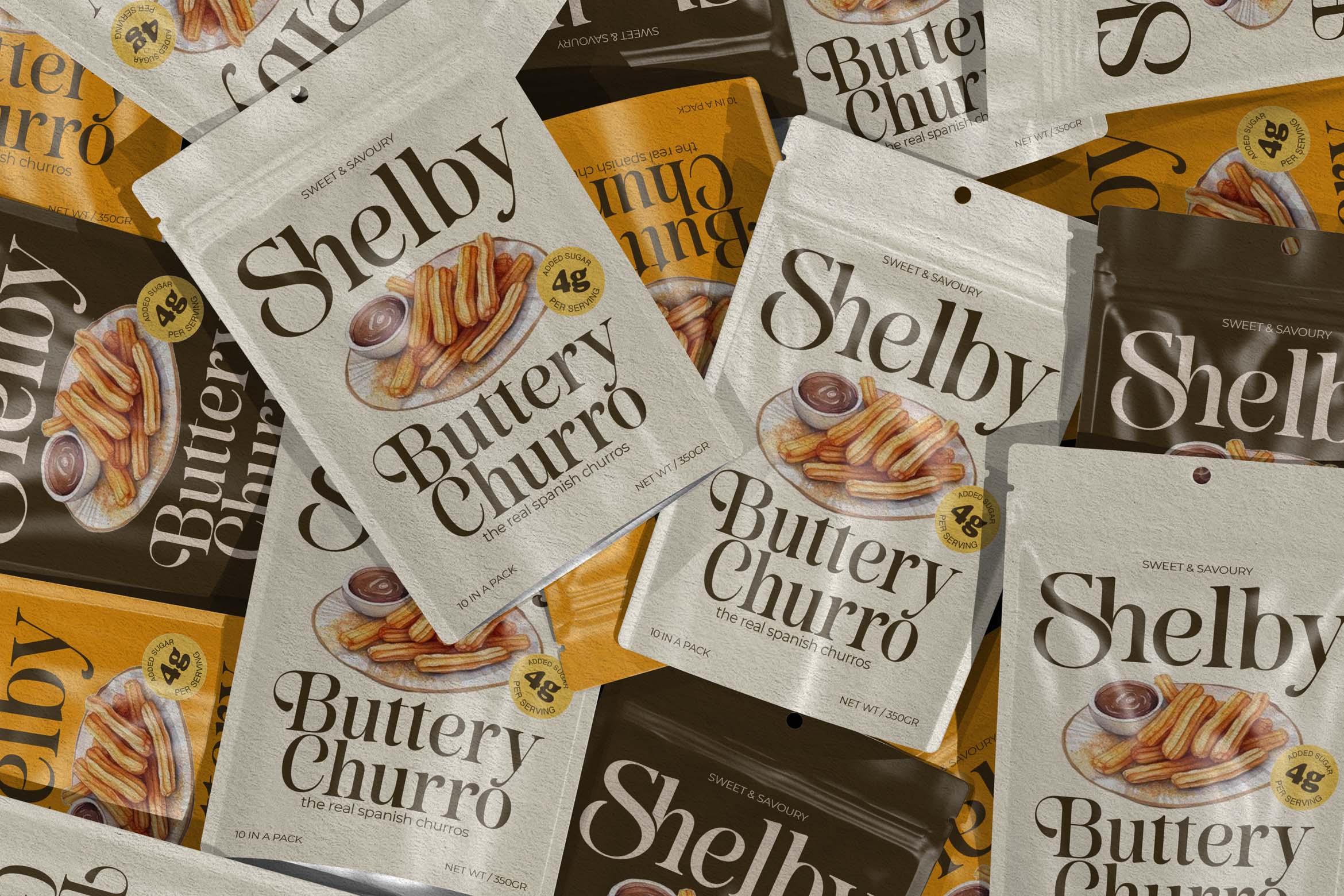 Overhead shot of Spanish churro snack packages scattered in cream brown tones