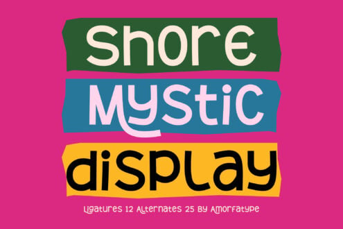 Shore Mystic Display font with colorful ribbon banners on hot pink background
