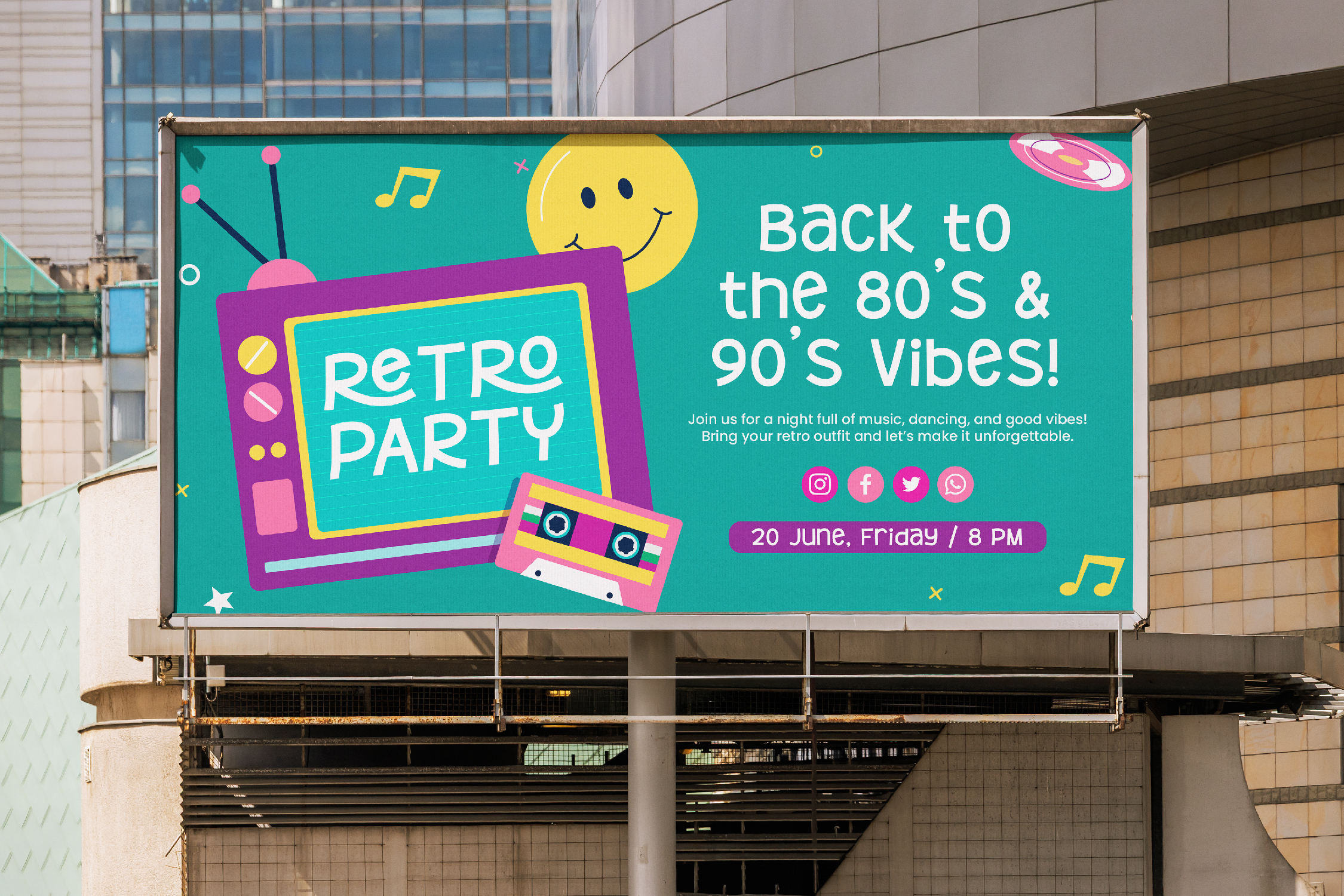 Retro party billboard mockup with neon smiley, cassette tape, TV set on turquoise background