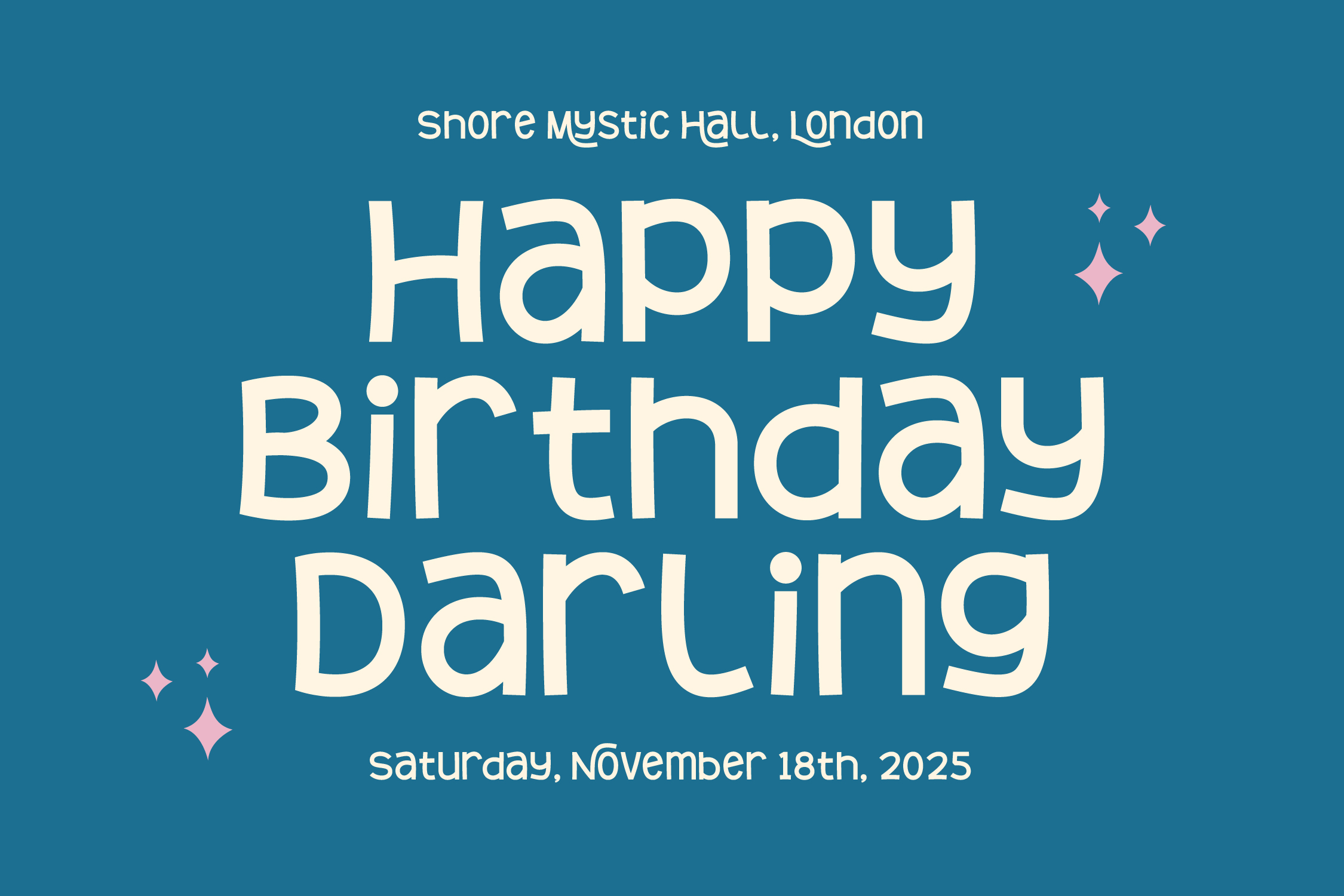 Birthday poster mockup with teal background, cream typography, pink sparkle accents