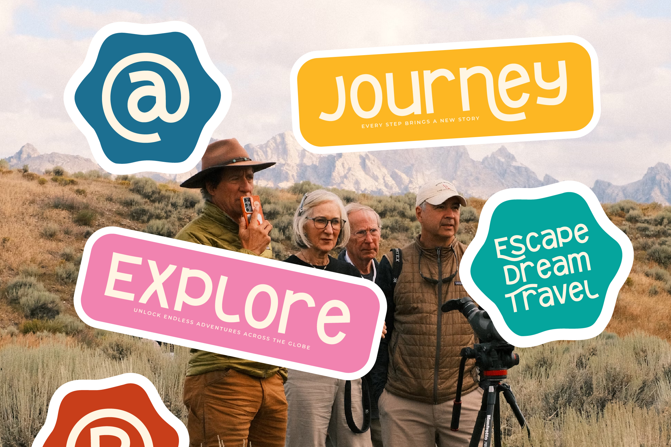 Travel mockup with four people in desert landscape, colorful badge stickers overlaid with journey, explore, escape dream travel messaging