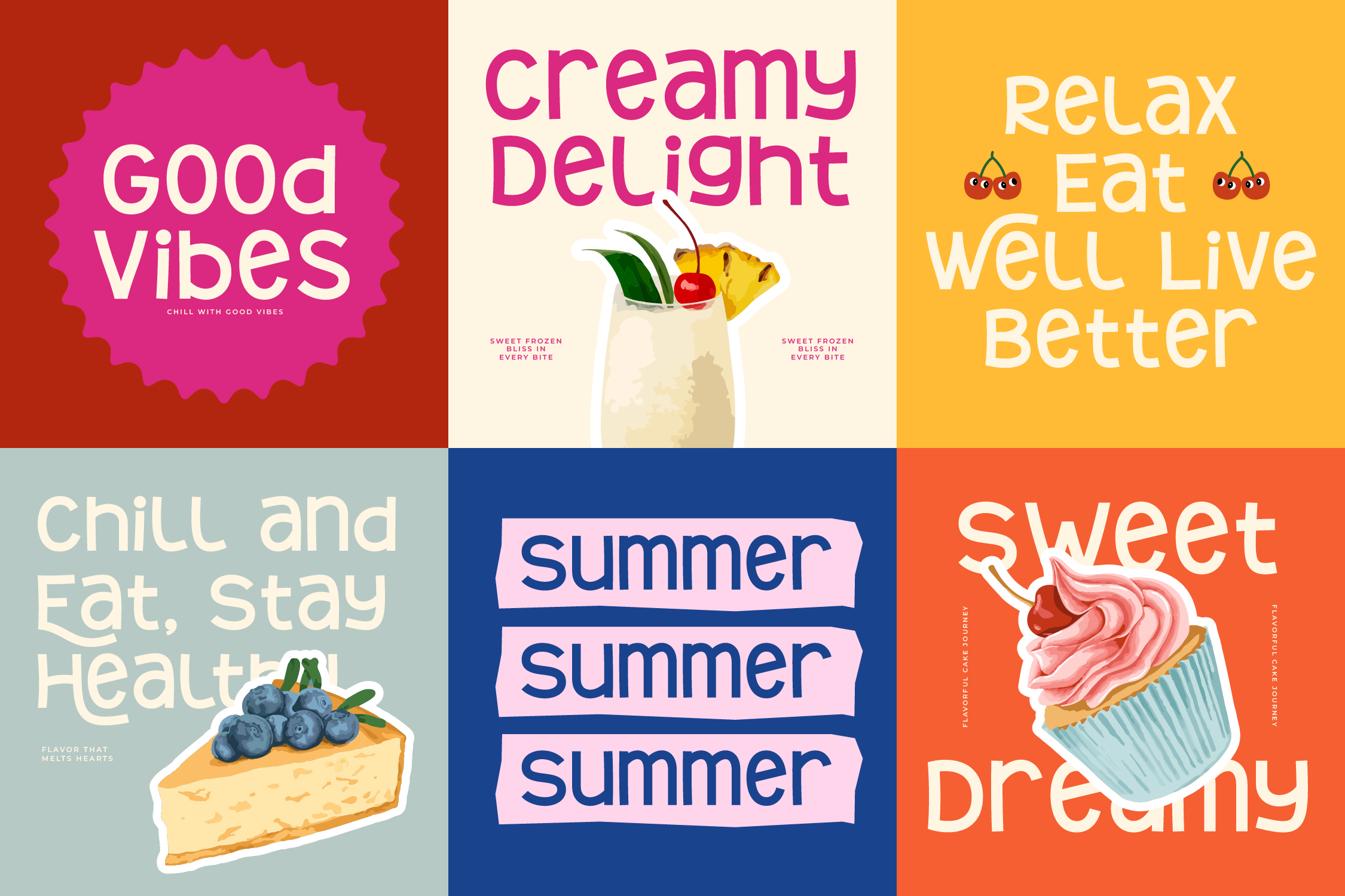 Colorful poster grid with food quotes: good vibes, creamy delight, relax eat well live better, chill stay healthy, summer vibes, sweet dreamy