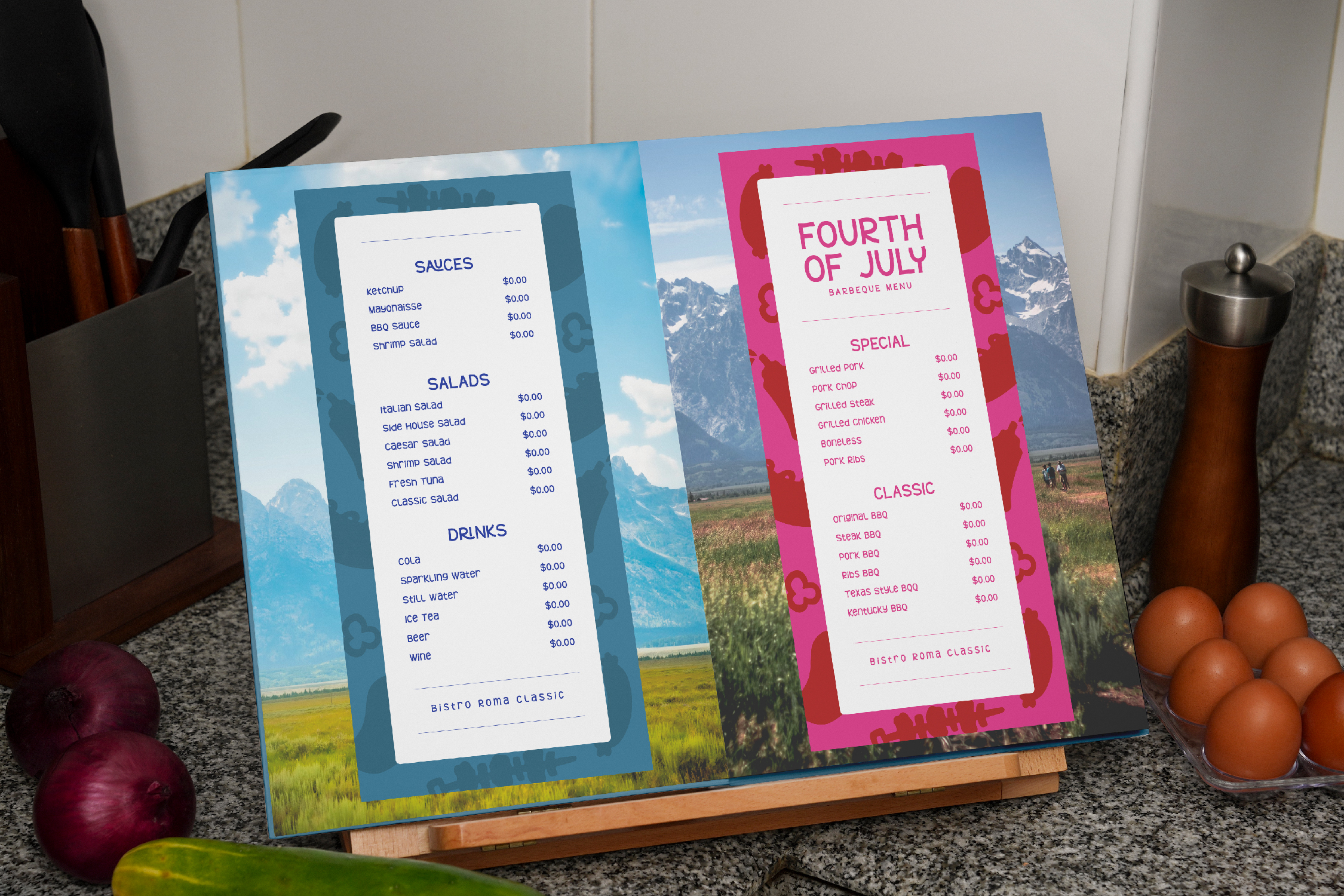 Two colorful menu mockups styled on kitchen counter with mountain landscape backdrop, fresh produce