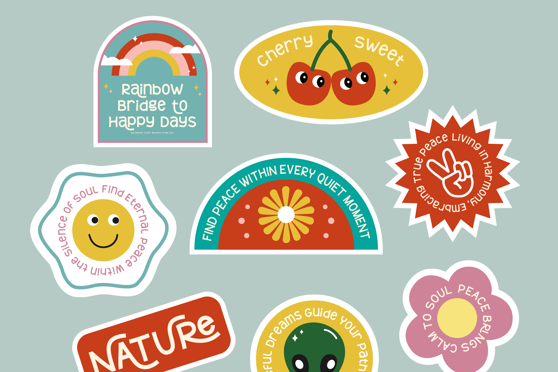 Colorful sticker pack with retro vibes: rainbows, smiling faces, cherries, flowers, peace signs, motivational text labels