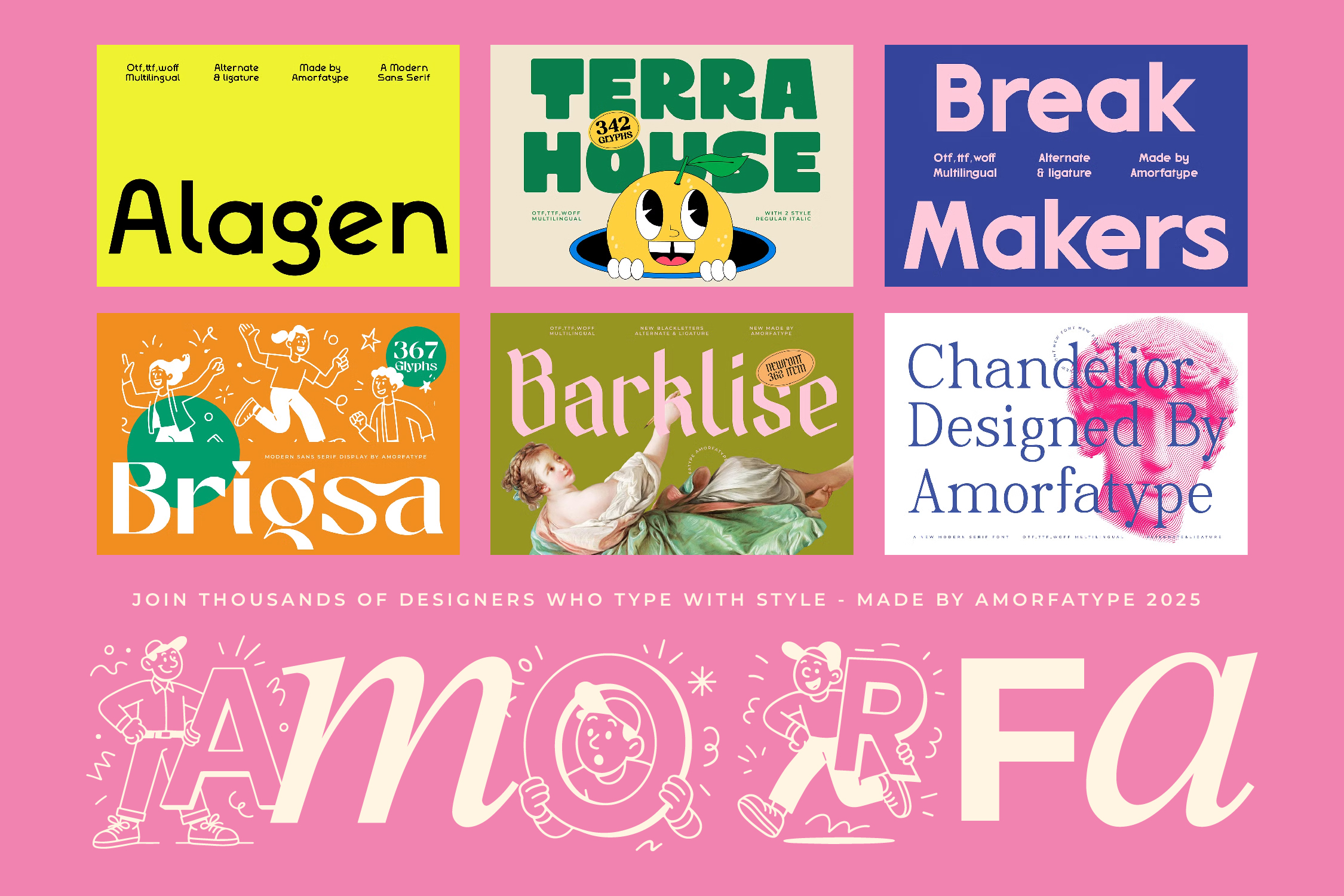 Six font showcase cards displayed on bright pink background with playful branding