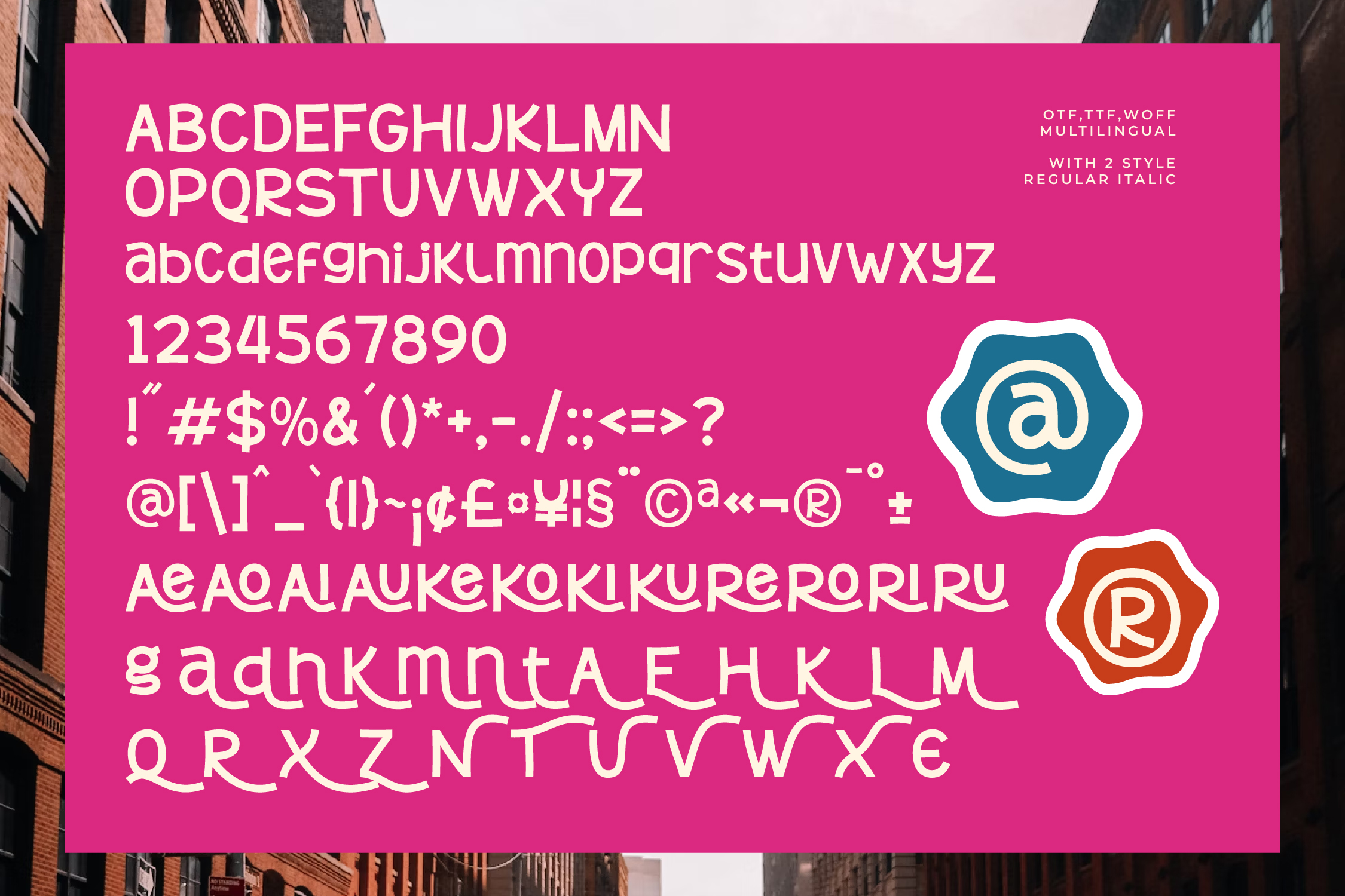 Bright pink font specimen showing uppercase, lowercase, numbers, symbols across two weights with multilingual characters