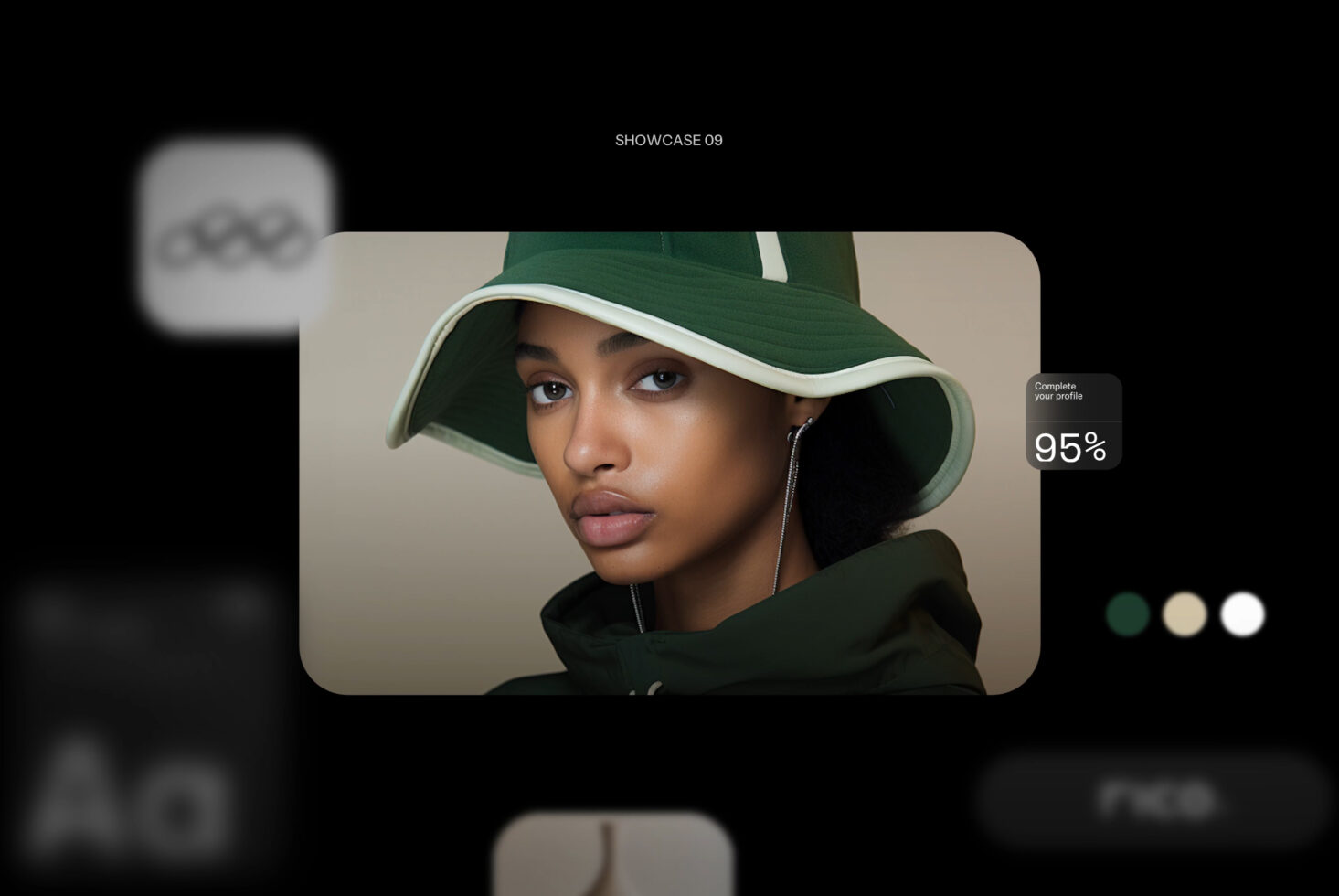 Dark showcase layout featuring portrait photo profile completion indicator