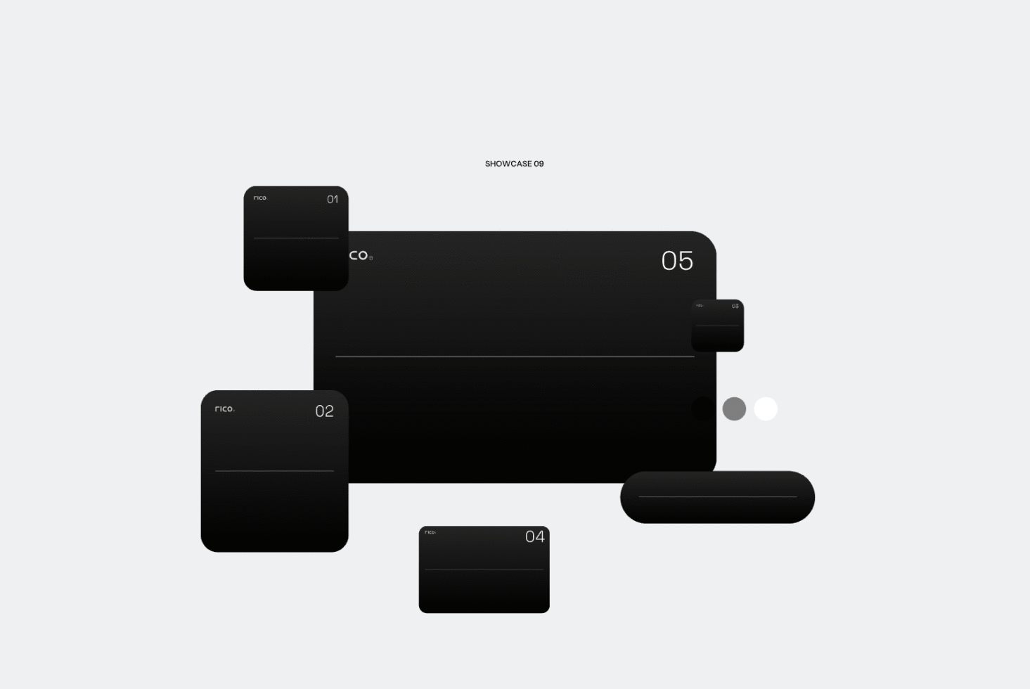 Rico showcase 09 with five numbered black interface cards on light background