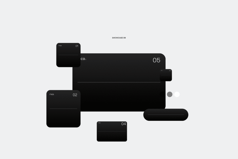Rico showcase 09 with five numbered black interface cards on light background