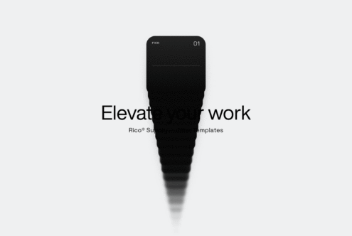 Phone mockup displaying Elevate your work text with Rico templates preview