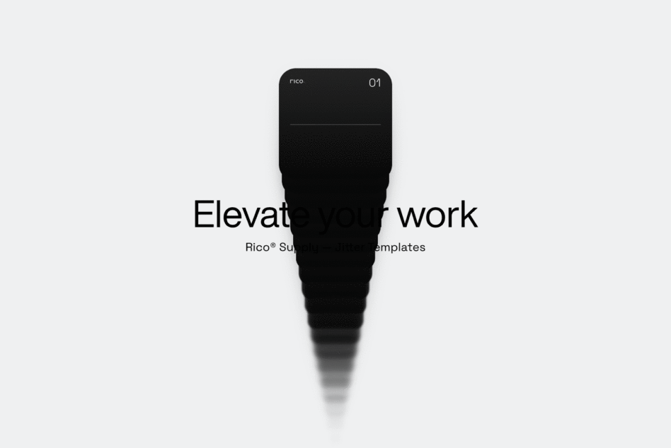 Phone mockup displaying Elevate your work text with Rico templates preview