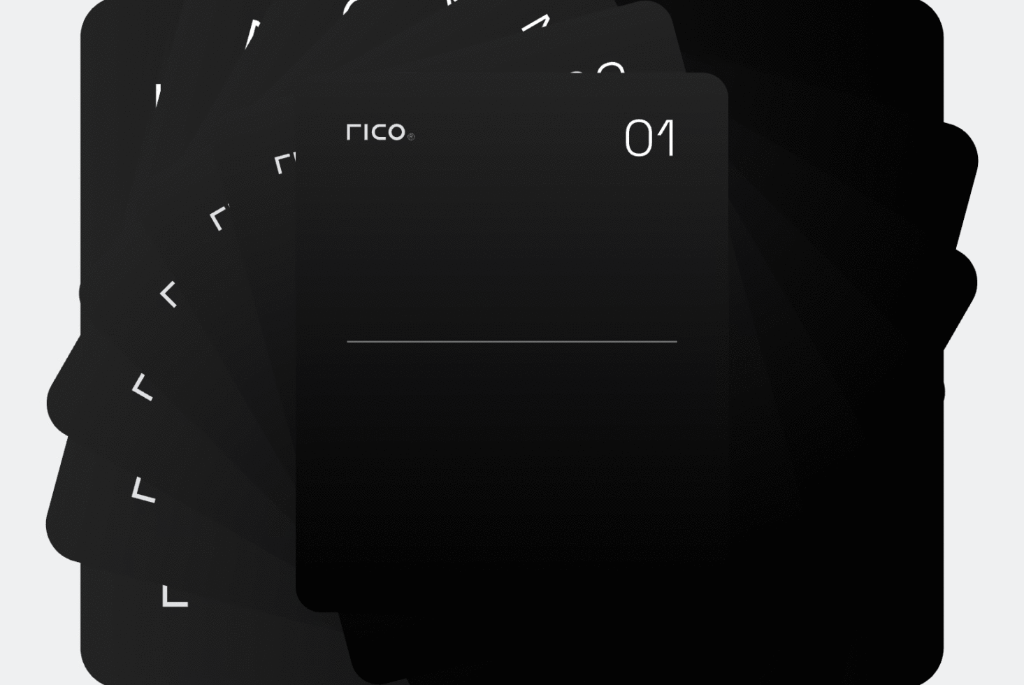 Dark phone mockup showing Rico branding with corner bracket design elements