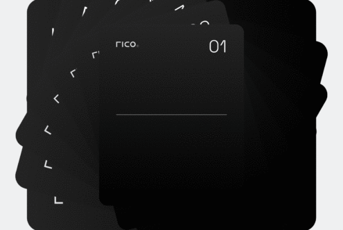 Dark phone mockup showing Rico branding with corner bracket design elements