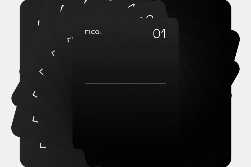 Dark phone mockup showing Rico branding with corner bracket design elements