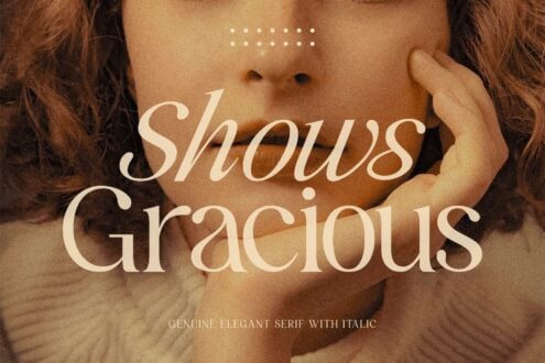 Shows Gracious elegant serif font with italic styling over warm portrait